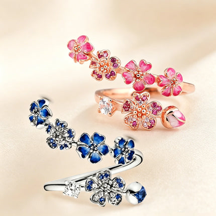 FTCY S925 Silver Rose Enamel Peach Blossom Crystal Ring For Women Simple Fine Ring Wedding Party Wholesale Jewelry