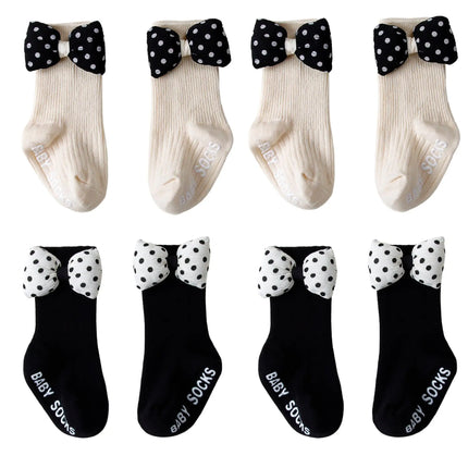 1/4pairs 0-2Y Cute Baby Girls' Cotton Mid-calf Socks Solid Bowknot Non-slip Sockens Toddler Kids Spring & Autumn Newborn Socks
