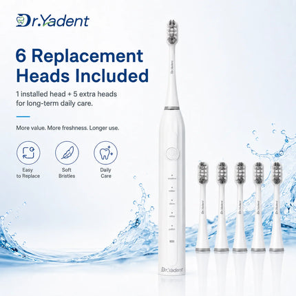 Dr.Yadent Sonic Electric Toothbrush for Adults 5 Modes Rechargeable Toothbrush IPX7 Waterproof 6 Brush Heads Type-C Gum Care