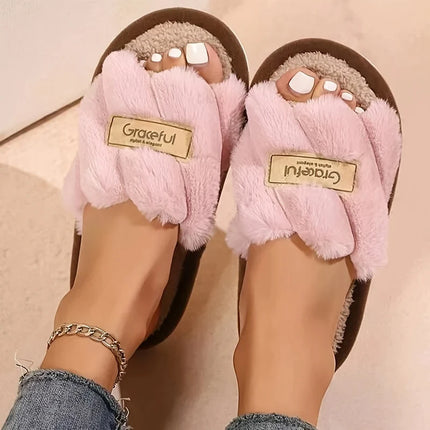 Women's Plush Fuzzy Slippers Home Fur Open-Toe Slides Autumn Winter Indoor Silent Comfort EVA Soft-Soled Bedroom Warm Flip Flops
