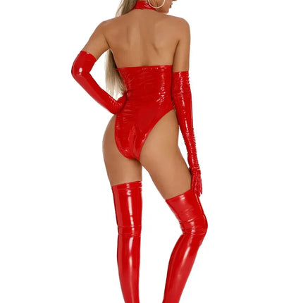New Women Sexy Lace up Lingerie Bodysuit Patent Leather Mock Neck Body Suit Glossy Zipper Catsuit for Club Pole Dancing Full Set