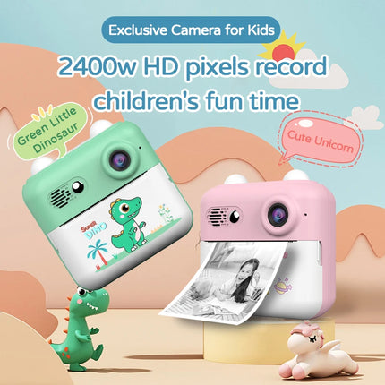 Kids Instant Print Camera with Games Pink Green Dinosaurs Cute Mini Digital Toy Camera for Boys Girls Birthday Christmas Gifts