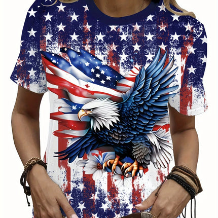 Women's American Flag & Bald Eagle Print T-Shirt Casual Short Sleeve Crew Neck Patriotic Graphic Tee for Summer
