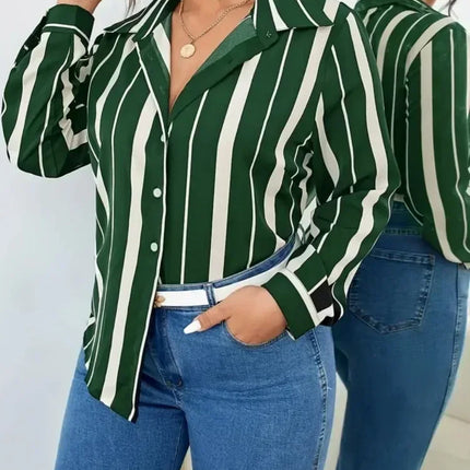 Plus Size Women Shirt 2025 New Women's Striped Printed Temperament Commuter Shirt Slim Women's Shirt Long Sleeve Streetwear Tops
