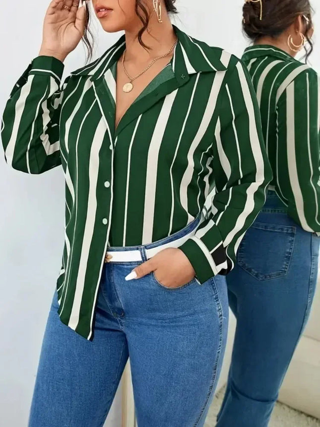 Plus Size Women's Shirt 2025 New Striped Printed Temperament Commuter Shirt Slim-fit Women's Shirt Long Sleeve Streetwear Tops
