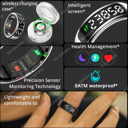 Smart Ring LED Touch Display Screen Health Monitor Gesture Control Wireless Charging Case Sport Waterproof Ring Men Women 2025