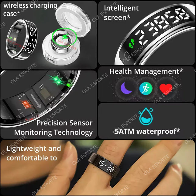 Smart Ring LED Touch Display Screen Health Monitor Gesture Control Wireless Charging Case Sport Waterproof Ring Men Women 2025