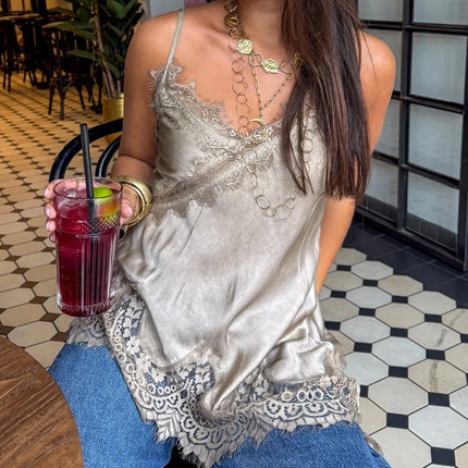 Asymmetrical Backless Spaghetti Strap Tank Cami Shirts Sexy V Neck Silk Camisole Tops Women Coquette Lace Trim Satin Tank Top