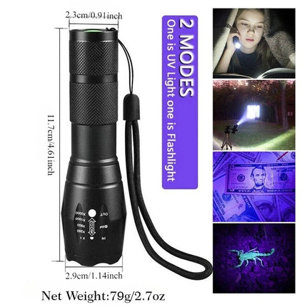 2 IN 1 UV Flashlight Purple White Dual Light 395nm Ultraviolet Torch Zoom Flashlight Detection Lighting Lamp for Pet Stains