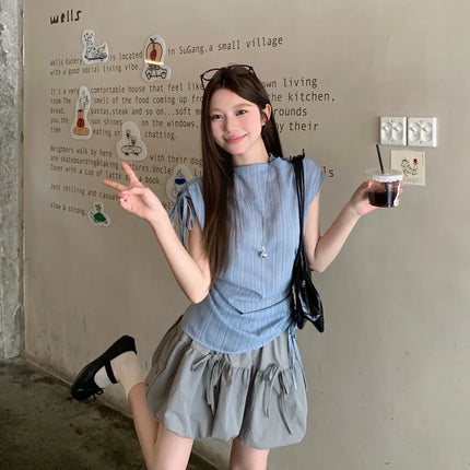 Blue Striped Drawstring Tie Women's Shirt Summer New Style French Stripe Design Modified Version Round Neck Sleeveless Dress