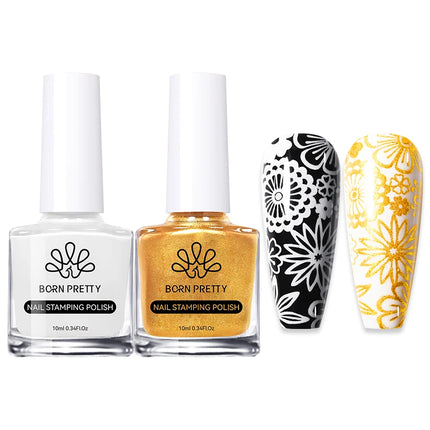 BORN PRETTY 2Pcs/Set 10ML Black White Nail Stamping Polish Varnish Gold Silver for Nail Art Plates Stamp Oil Stamping Series