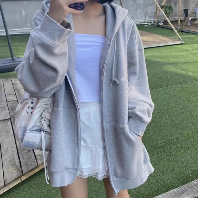 Loose Women Hoodies Casual Solid Zip Up Hooded Sweatshirt Harajuku Korean Loose Couple Hoodie Jacket Coat Streetwear