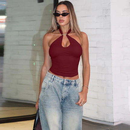 Hugcitar Women's Fashion Halter Solid Loop Backless Bandage Sexy Crop Tank Top 2025 Summer Casual Clothes Streetwear Vacation Club
