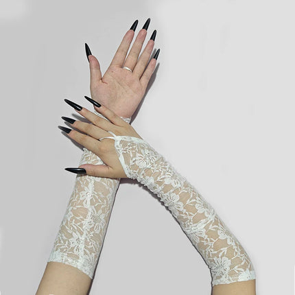 48cm Black White Women Sexy Hollow Lace Flowers Hook Finger Long Gloves Mesh Transparent Halloween Cosplay Stage Performance