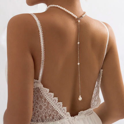 PuRui Korean Romance Imitation Pearl Chain Necklace Back Chain For Women Fashion Long Tassel Pendant Body Chain Wedding Jewelry