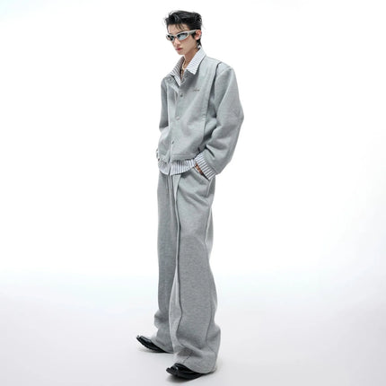 American Sle Slim Fit Striped irt Fake Two-Piece Patchwork Sweatirt Set Turn-down Collar Simple Thin Casual Jaet