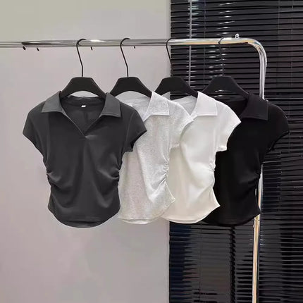 Cotton Summer Sexy Women's T Shirt Skinny Slim Basic Solid Crop Top Short Sleeve Polo TShirtCasual Top Tee for Women