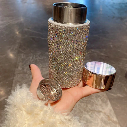 Bling Portable Thermos Cup with Tea Infuser Rhinestone Tumbler Crystal Gift Car Coffee Mug Mini Stainless Steel Water Bottles