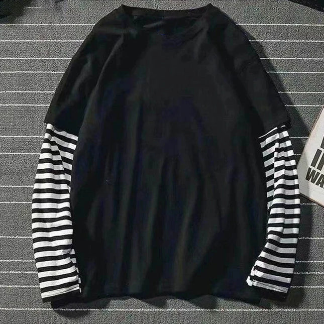 Nouveau Harajuku Noir Blanc Rayé Y2K Manches Longues Couleur Unie T-shirts Hommes Femmes Automne Faux Deux Pièces Manches Longues T-shirt Ample