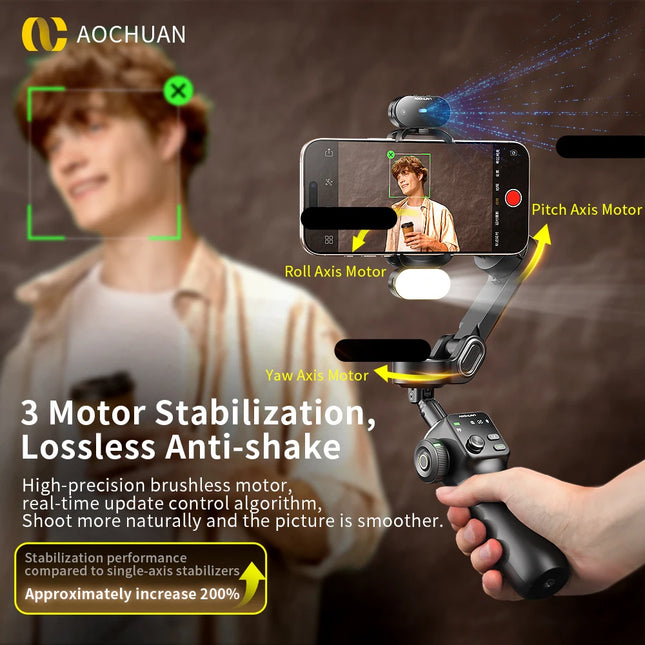 AOCHUAN 3-Axis Handheld Gimbal Phone Stabilizer with Extension Rod  8.0 Anti Shake Face Tracking for Phone Outdoor Shooting Vlog