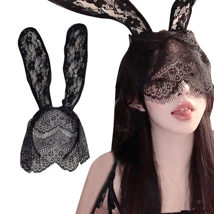 Sexy Black Lace Masquerade Mask Women Halloween Costume Party Rabbit Bunny Ears Lace Eye Mask Black 1pcs