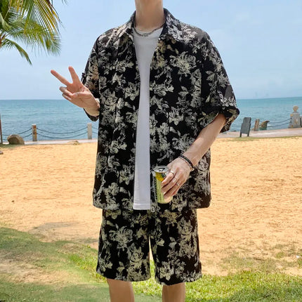 Loose Straight Leg Five-Quarter Beach Pants or Short Sleeve Printed Shirt Beach Travel Men's Fashion Floral Patterned Two-Piece Set