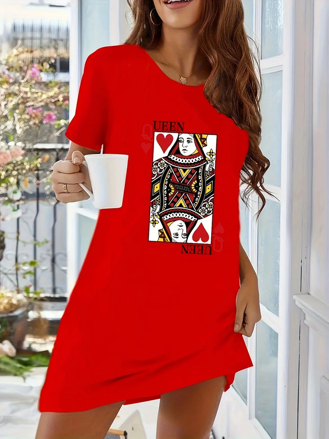 Women Queen of Hearts Card Print Nightdress Short Sleeve Round Neck Comfortable All-Season Casual Homewear Stylish T-shirt Dress