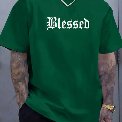 Men's summer 100% pure cotton fashionable casual loose Blessed letter pattern printed sports round neck short sleeved T-shirt