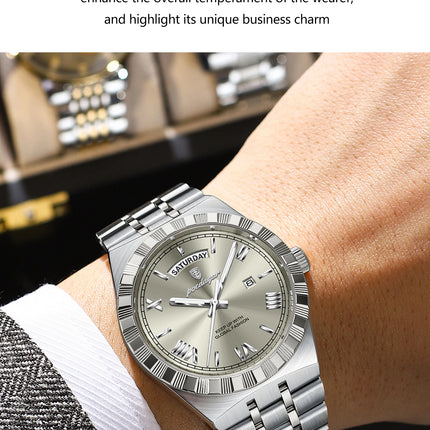POEDAGAR Luxury Fashion Man Wristwatch Week Date Waterproof Luminous Men's Clock Stainless Steel Quartz Business Watches For Men