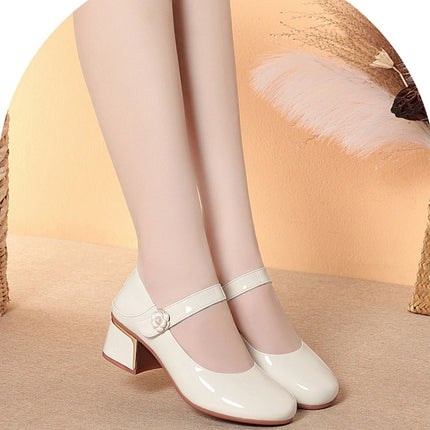 Women's Leather Shoes New Style Dancing Shoes Leongyue Mother Shoes Soft Sole Thick Heel Women's Shoes One-Button Single Shoes