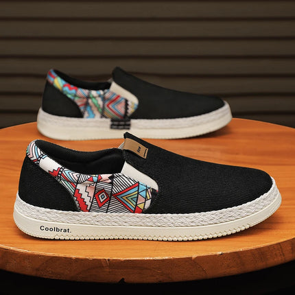 Men's Slip-On Casual Loafers | Ethnic Print Canvas Shoes | Lightweight Breathable Walking Shoes