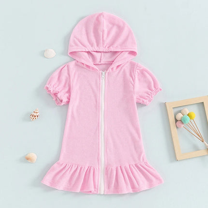 Girls Swimwear Cover-ups Solid Color Short Sleeve Zipper Ruffle Beach Dress Toddler Bathing Suit Kids Bikini Cover Up 1-8Y