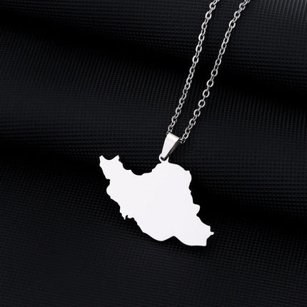 1Pcs New Stainless Steel Iran Map Hollow Heart Pendant Necklace Men's and Women's Versatile Sweater Chain Accessories Pendant