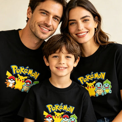 2026 Summer Pokemon Pikachu & Squirtle Family Matching T-Shirts, 100% Cotton Parent-Child Tops for Outdoor Play & Travel Y2k