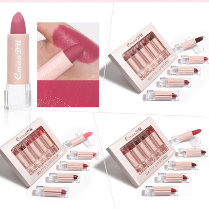 Velvet Matte Lipstick Set 5pcs Long Lasting Waterproof Red Nude Lipsticks Non Stick Cup Makeup Cosmetics Collection
