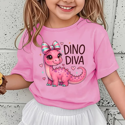 Girls' Kawaii Cartoon Dinosaur Graphic T-Shirt Cute Pink Bow Hearts Print T-Shirt Kids Short Sleeve Tee Y2k Children's Clothing