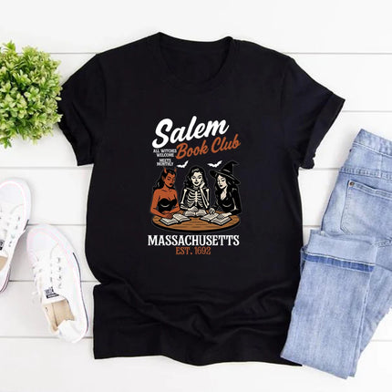 Witchy Book Club T-Shirt Spooky Girl Reading T-shirt Book Lover Halloween T-shirt Casual Women Graphic T-shirts Witches Salem Tee