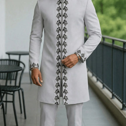 New Dashiki Men's Set Grey Round Neck Long Sleeve Luxury Brand Men's Suit Casual Slim Fit Men's Set Wedding Evening Suit