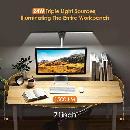 24W LED Clip Desk Lamp with Remote Control Rotatable 3 Head Stepless Dimming Eye-Caring Reading Desk Lamp for Office PC Studying