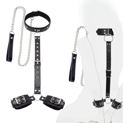 BDSM Leather Neck to Wrist Restraints Kit Bondage Set Handcuffs Collar with Chain Leash SM Fetish Role Play Adult Sex Toys