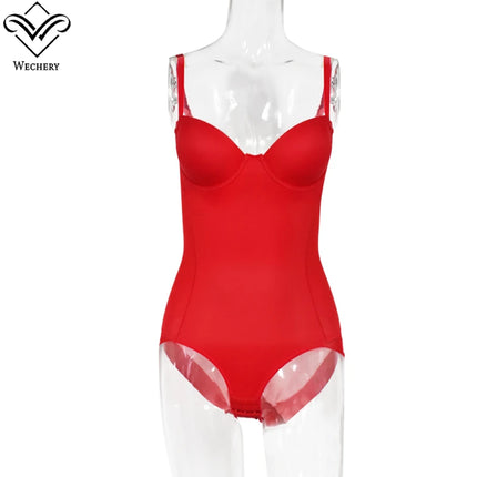 Wechery Red Top Women Camisole Bodysuit Body Shaper Butt Lift Lace Open Crotch Slim-fit Female Clothing