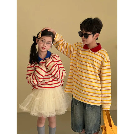 Children Long Sleeved T-shirt 2026 Spring  Autumn New Boy's Polo Shirt Striped Doll Collar Top Tees Girls Casual Clothes
