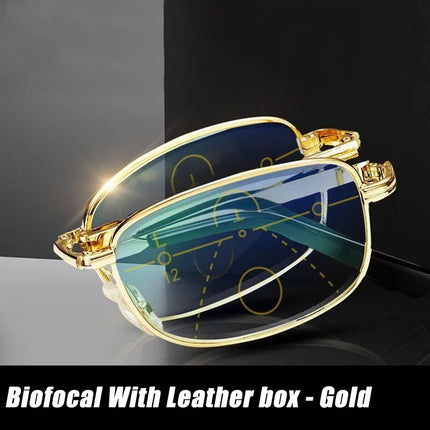Multifocal Folding Reading Glasses Anti-blue Light Men Women Metal HD Lenses Eyewear Far Near Sihgt Eyeglasses With Leather Box