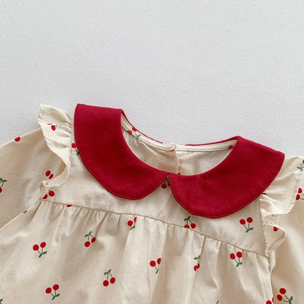 7397 Baby Princess Romper Cherry Printed Longsleeve Cotton Jumpsuit Baby Clothes Infants Outfit