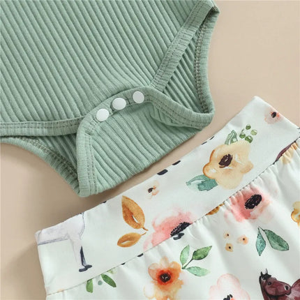 0-18months Baby Girl 3pcs Shorts Outfits Off Shoulder Romper Tops Bull Print Short Pants Head Band Infant Girls 3pcs Clothes Set