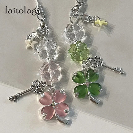 Y2K Lucky Four Leaves Clover Heart Key Ring Green Leaf Star Key Chain Cases for Phone Camera Korean Cute Beaded Couple Keychain