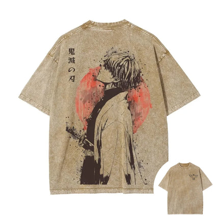 2026 Summer New Zenitsu Agatsuma Breath of Thunder Retro Washed Old T-shirt Demon Slayer 90s Street Style Short-sleeved Top
