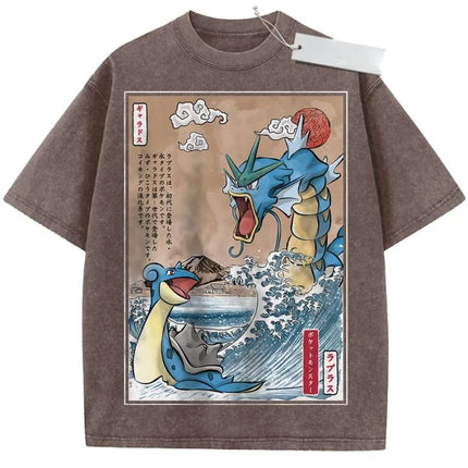 T Shirt Sports T Shirt Short Sleeve T Shirt Multi Color Unisex Pure Cotton Washed Retro Pokemon Gyarados and Lapras Print