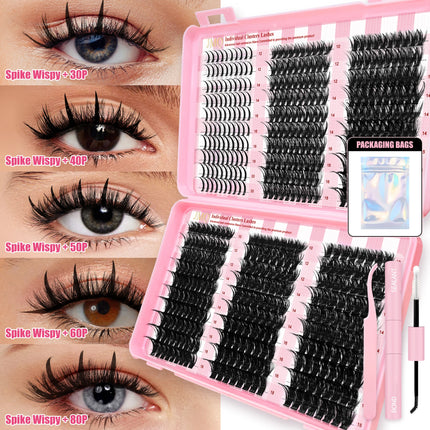 Lash Clusters with Spikes Kit DIY Spiky Eyelash Extension Thick Volume Spiky Individual Lashes Set Mink Strip Lash by LAKANAKU