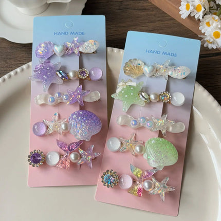 5Pcs Mermaid Hair Clips Set – Candy Color Shell & Starfish Side Bangs Clamps, Cute Ocean Theme Hair Accessories for Girls